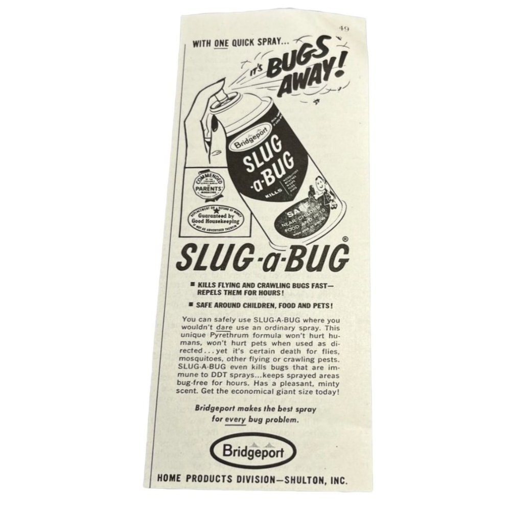 Small Vintage Print Ad Slug a Bug Spray Bridgeport 1960s Kills Bugs Away
